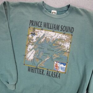 Vintage Prince William Sound Whittier Alaska Sweatshirt Green Fade Mens XL USA